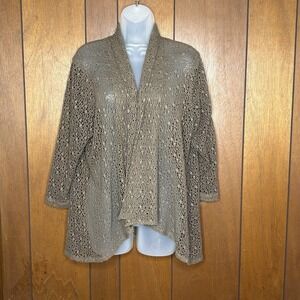 Chico's Easywear Open Knit Cardigan Women 2 US Large Brown‎ Boho Coastal Fairy